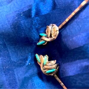 Pair Of Vintage bobby pins Silver-tone turquoise hair decor Barrette